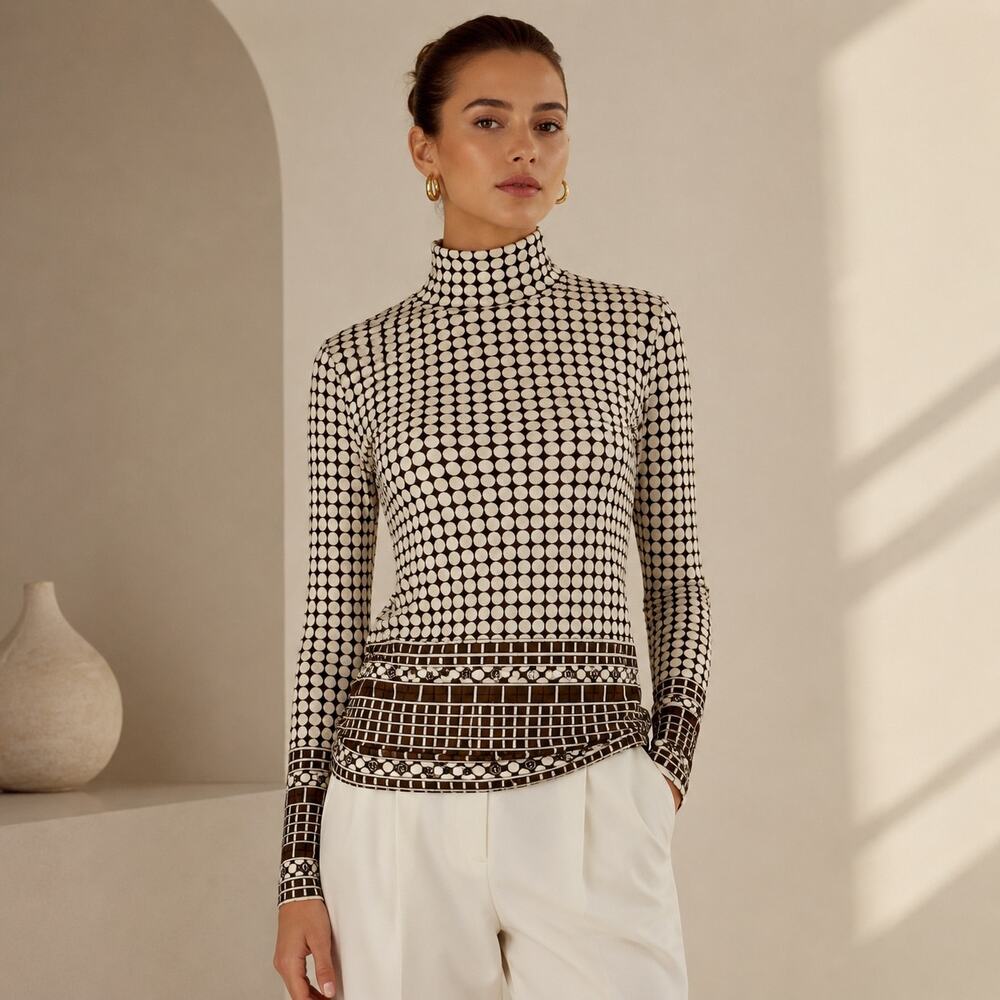 Tory Burch Brown Tan Dot Stretch Knit Back Zip Knit Top Small